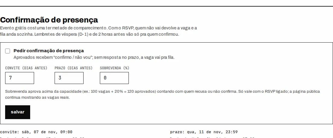 Aba presença do painel: configuração do convite, prazo e sobrevenda